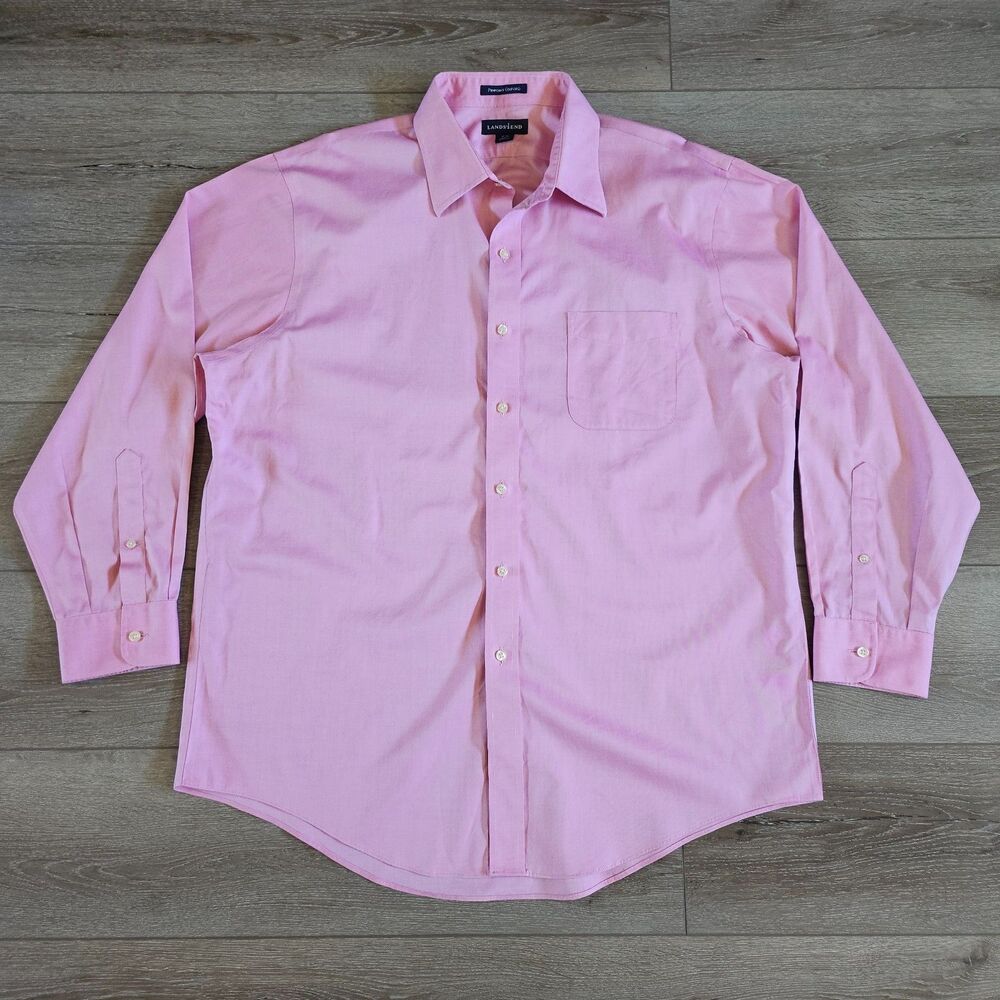 VTG Lands End Pinpoint Oxford Mens Button Down Shirt Pink Cotton Size 17-34